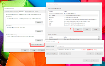 في البداية عليك الانتقال الى موقع الجافا وتحميل JDK من الموقع الرسمي لهم ويفضل اخر اصدار وفي تاريخ انشاء هذه المقاله فاخر اصدار هو 19 يمكنك تحميله وتثبيته على القرص المحلي c وسوف تحتاج بعدها الى القيام بعملية Environment Variables عن طريق البحث وبعدها قم بعمل اضافة جديده للاسم والمسار كما هو موضح بالصورة . في البداية عليك الانتقال الى موقع الجافا وتحميل JDK من الموقع الرسمي لهم ويفضل اخر اصدار وفي تاريخ انشاء هذه المقاله فاخر اصدار هو 19 يمكنك تحميله وتثبيته على القرص المحلي c وسوف تحتاج بعدها الى القيام بعملية Environment Variables عن طريق البحث وبعدها قم بعمل اضافة جديده للاسم والمسار كما هو موضح بالصورة .