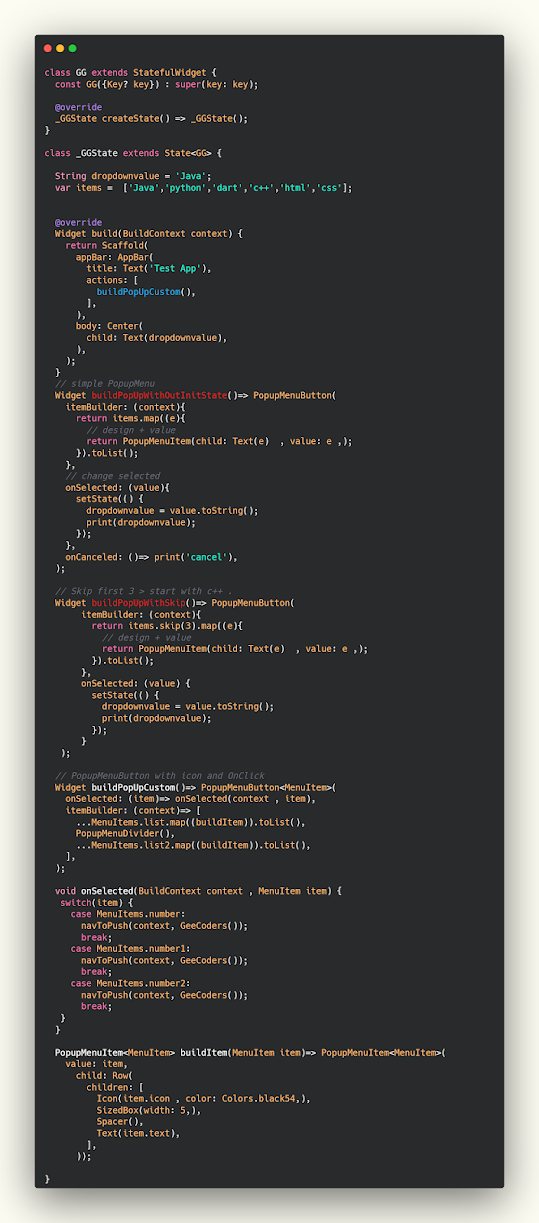 عمل pop up menu ووضع الاسم والصورة وتنفيذ عملية معينه عند النقر على اي عنصر
