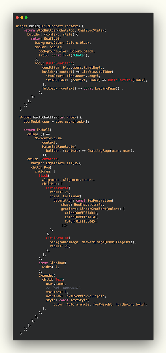 تصميم ui لعرض صورة واسم جميع مستخدمين التطبيق في Flutter