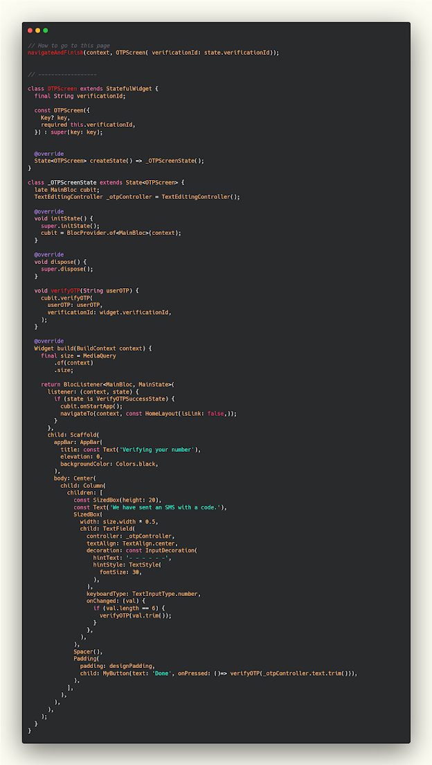كيفية اضافة رمز الotp داخل التطبيق والتاكد من صحة الرمز المدخل في flutter