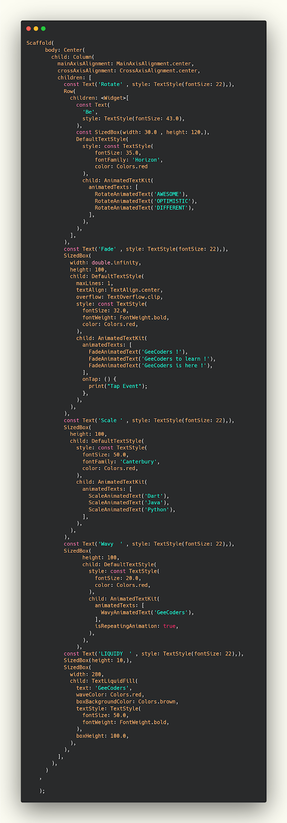 عمل انميشن على النصوص بإستخدام مكتبة text_kit