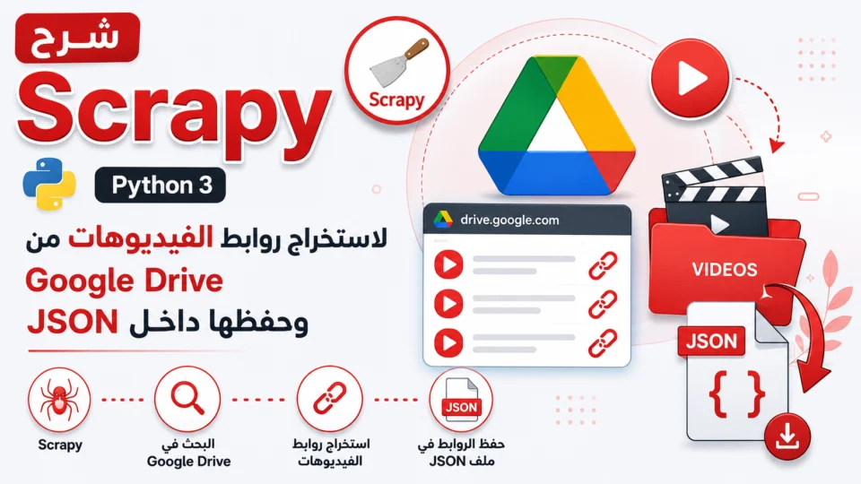 شرح Scrapy في Python 3 لاستخراج روابط الفيديوهات من Google Drive وحفظها داخل JSON